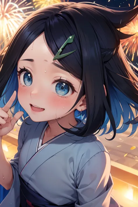 ((nsfw)), (masterpiece, Highest quality, 8K ultra-high resolution:1.6), Dynamic pose, Not wearing underwear, 14yo, kawaii, Pokemon Riko, (A colorful navy blue yukata, night: 1.4), (Summer festival), ((turn around)), Beautiful Eyes,Flash photography, Backli...