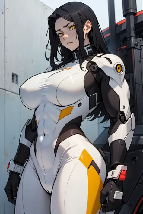 mechanical suit black hair yellow eyes pale skin muscular girl massive breasts solo muscular body expressionless sad empty eyes