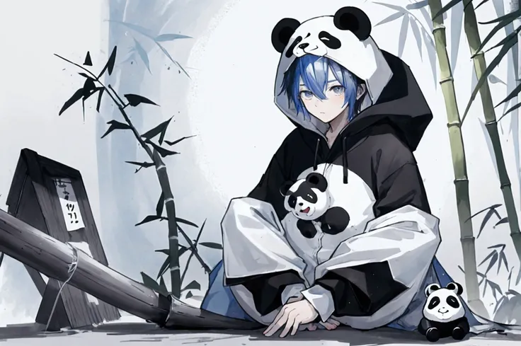 1 boy, about 20 years old, panda kigurumi with panda ear hood, looking down, positioned towards the right, facing left, ink wash painting, black and white, light blue hair, cool,bamboo in the background