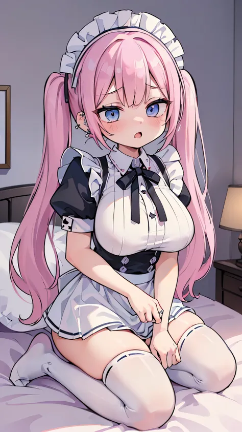 ((masterpiece、Highest quality、Super detailed)、((One person))、((Pink Hair))、((Twin tails))、((Light blue eyes))、ahegao、((open mouth))、((lots of piercings))、((Very large breasts))、White brim、((maid))、Short sleeve、((micro miniskirt))、thighhighs、kneeling、On the...