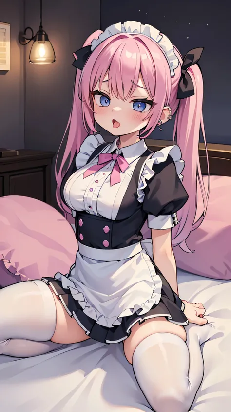 ((masterpiece、Highest quality、Super detailed)、((One person))、((Pink Hair))、((Twin tails))、((Light blue eyes))、ahegao、blush、((open mouth))、((tongue out))、((lots of piercings))、((Very large breasts))、White brim、((maid))、Short sleeve、((micro miniskirt))、thigh...