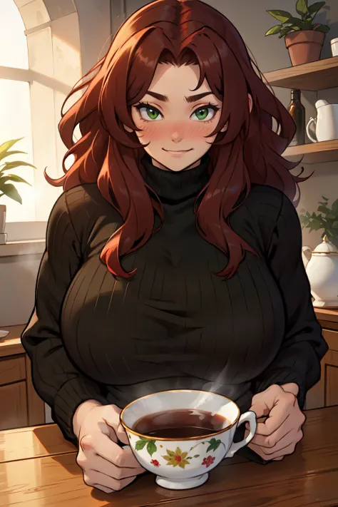 dark red hair green eyes wavy hair curly hair voluminous hair joyful cozy indoors black sweater home warm massive breasts thick blush tea cup counter