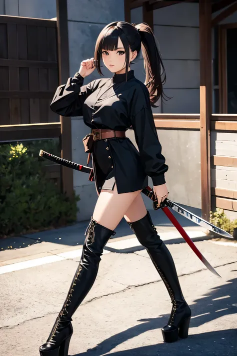 thigh high boots, platform boots, girl, high heels, lace up boots, walking, ponytail, katana, holding katana, 1 weapon, combat, 