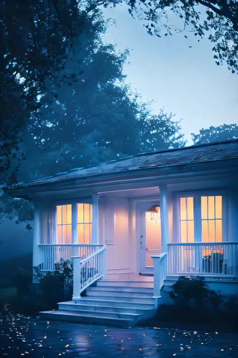 a white dreamy house, patio, retro, foggy, soft focus, year of 1995, cool lighting, muted pastel colors, glowing atmosphere, dramatic shadows, cinematic composition, dream-like quality, ethereal, romantic, soft focus photography, dark blue hour, midnight, ...