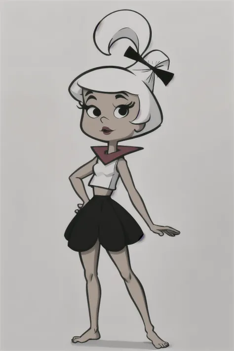 masterpiece, best quality, 1girl, judy, white hair, black eyes, makeup, standing, simple background, barefoot, cartoon