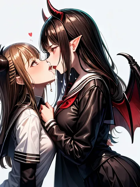 One person, One person, horn, school uniform, Pointed Ears, wing, Earrings, Seraphim, jewelry, White Background, Upper Body, Red eyes, demon wing, demon horn, Devil Boy, Simple Background, continue, Pink Eyes, Lips parted, black Seraphim, Brown Hair, Devil...