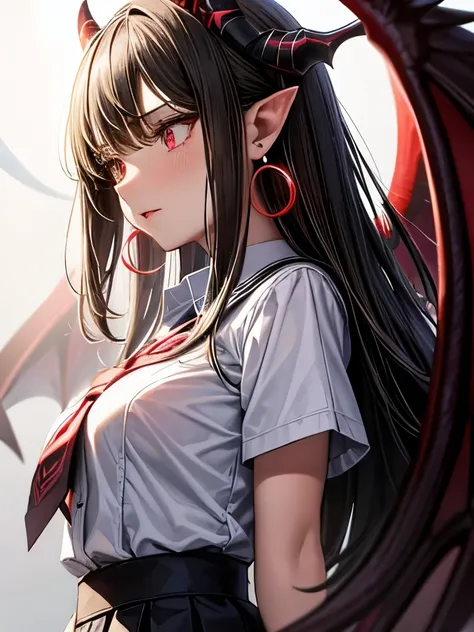 One person, One person, horn, school uniform, Pointed Ears, wing, Earrings, Seraphim, jewelry, White Background, Upper Body, Red eyes, demon wing, demon horn, Devil Boy, Simple Background, continue, Pink Eyes, Lips parted, black Seraphim, Brown Hair, Devil...