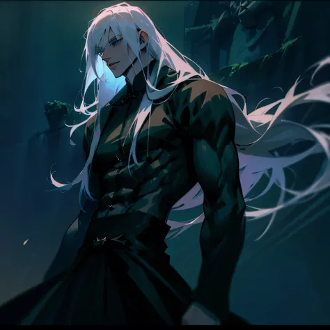 a majestic silhouette of a tall, muscular man, white hair, long hair, pale skin, old black clothes, just one man.