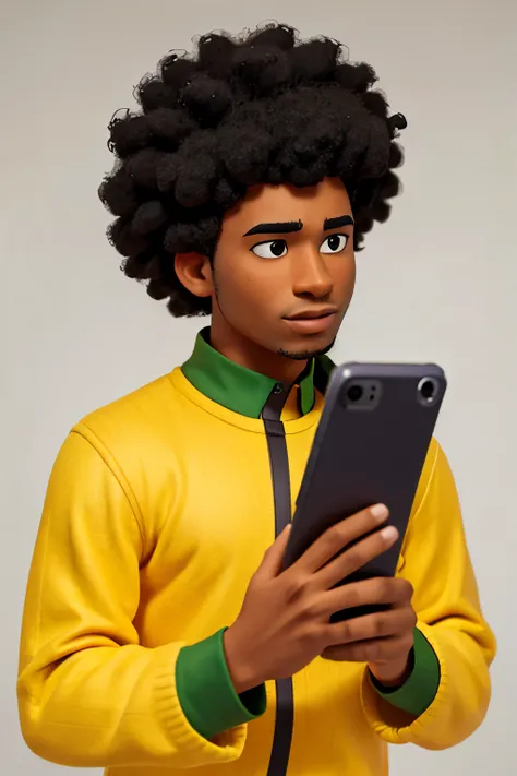 a black man with afro hair in green and yellow clothes happy holding a cell phone with white background
