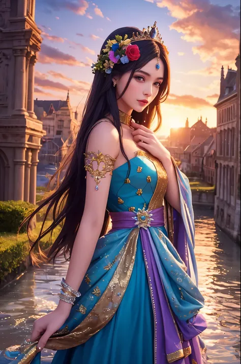 fantasy art, a beautiful young princess, gorgeous outfit, dreamy landscape, water flow, colorful flowers, city, sunset. highest ...