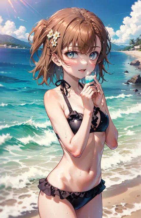 Mycotrose, Brown eyes,Brown Hair,short hair,One side up,Flower Hair Ornaments,smile,Open your mouth,Bikini swimsuit with ruffles,barefoot,Water Play,Wet Hair,Wet swimsuit,Wet Skin,True Summer,Daytime,Clear skies,whole bodyがイラストに入るように,
 break looking at vie...