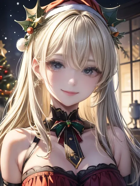 (Very detailed CG ユニティ 8k 壁紙),(masterpiece), (Highest quality), (Delicate depiction,Very detailed), (Best illustrations),(Best Shadow), (Sharp eyeliner, eye shadow, Detailed eyes:1.1),, Smiling slightly,break, (NTW20 Christmas:1.2),, 