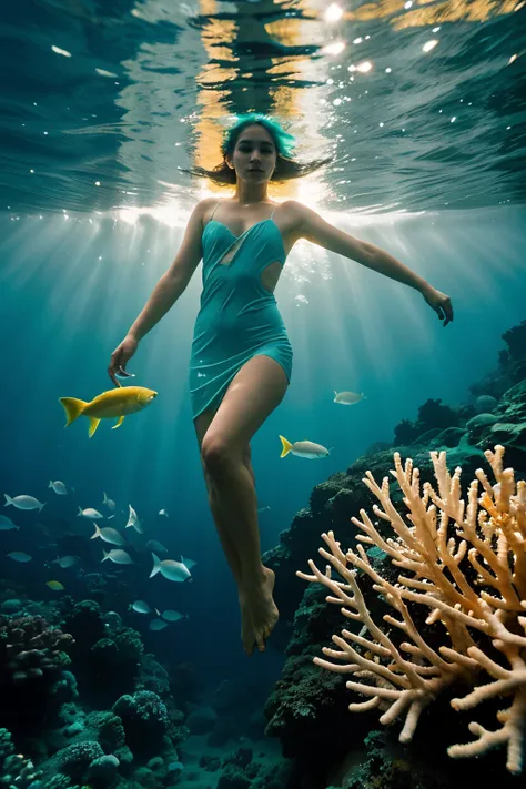 crea una mujer sirena swimming, White skin, blue hair, with dress with scale texture and luminescent green algae, underwater, swimming, carrying a luminescent luminous trident of Poseidon, incandescent with warm yellow light and with fish around it and cor...