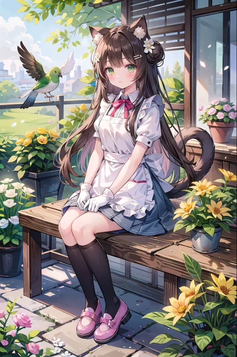 (masterpiece), One person, alone, animal, white flower, shirt, animal ears, flower, very Long Hair, collared shirt, Hair Bun, shoes下, Long Hair, black shoes下, gloves, Green Eyes, apron, Holding, Sitting, hair ornaments, blush, Lips parted, bangs, View your...