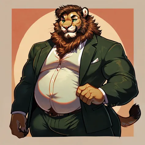 art by hoot,male semianthro mountain lion,mane,beard,dark green human eyes,thick,strong,soft body,chubby,daddy,3-piece suit