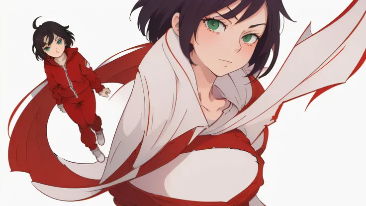 ((masterpiece)), (((best quality))), ((ultra-detailed)), ((perfect anime (character reference:1.2) illustration)), 1 girl, dark bobtail hair, short hair, (red tracksuit:1.2), green eyes, (full-length), (white background:1.3)