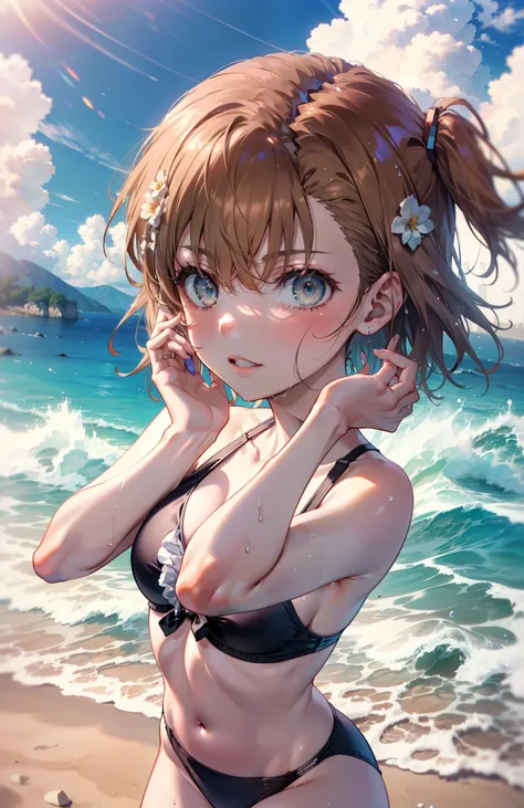 Mycotrose, Brown eyes,Brown Hair,short hair,One side up,Flower Hair Ornaments,smile,Open your mouth,Bikini swimsuit with ruffles,barefoot,Water Play,Wet Hair,Wet swimsuit,Wet Skin,True Summer,Daytime,Clear skies,whole bodyがイラストに入るように,
 break looking at vie...