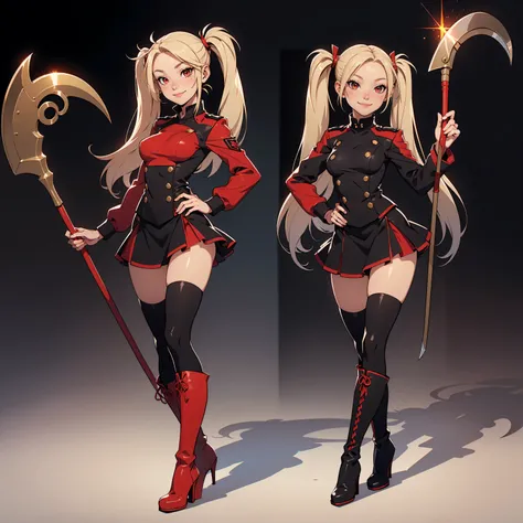 Very detailed, smiling facial expression, figure, full body view, small breasts, blonde hair with twintails, red eyes, looking at viewer, black and red uniform, skirt, black boots, holding scythe, sexy pose.