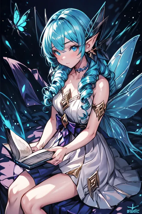 buterfly fairy wings, (((fairy woman sitting down, studying from a book))),girl reading a book, gorgeous anime fairy, in a library, gwen from league of legends, gorgeous blue and white sensual gala dress, reading pose