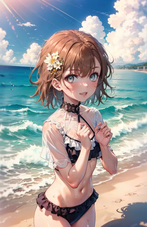 Mycotrose, Brown eyes,Brown Hair,short hair,One side up,Flower Hair Ornaments,smile,Open your mouth,Bikini swimsuit with ruffles,barefoot,Water Play,Wet Hair,Wet swimsuit,Wet Skin,True Summer,Daytime,Clear skies,whole bodyがイラストに入るように,
 break looking at vie...