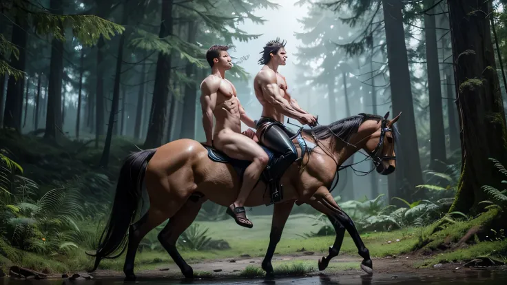 Imagine a gay centaur having sex in a mystical forest at dusk. These mythological beings have a muscular torso. While they are naked.