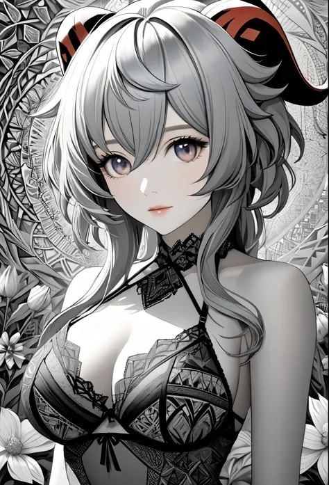 Ganyu, genshin impact, absurdres, highres, ultra detailed, ultra-detailed background, detailed background, extremly detailed, 1girl,bunch of flowers, (zentangle:1.2), (geometric:1.2), black and white color palette, monochromatic, big breasts, cleavage, sid...