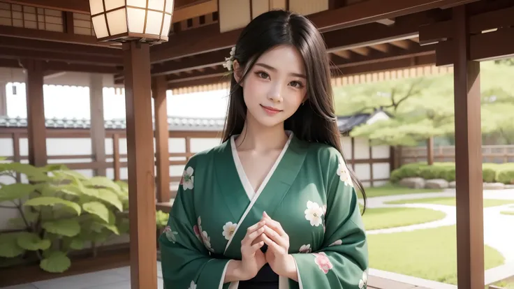 green base, Open your hands, Cute crying face, Laughs and Tears, 最high quality、high quality、Best image quality、8k、最High resolution、High resolution、temple, Realistic photos, Healthy body, Beautiful Eyes, Flowing black hair, Colorful kimono, Calm expression,...