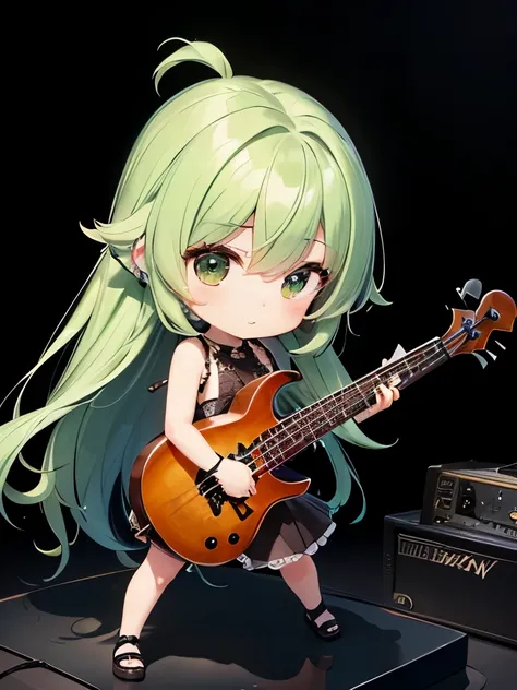 (((Metal Band)))、The view from the live house、Green-haired chibi character、Green hair and long hair、A small character playing while standing on both feet、A beautiful depiction using tens of thousands of colors、masterpiece、Ultra HD、super high quality、8k、(((...