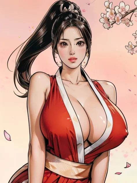 Japanese Beauty，Cherry Blossoms，Petals are just beginning to fall, In a park rich in nature、plant, (((Sexy姿势的杰作))), ((best quality)), ((complicated)), ((Surrealism)), Mature woman, Mature woman, , Very detailed, shape, mai Shiranui, ((Huge breasts)), Perfe...