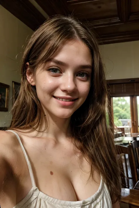 A 20 year old white , girl , brown hair , blemishes, detailed skin, realistic, intricate details, soft lighting, smiling, beautiful woman, green eyes, imperfect skin, selfie, wispy hair, in a large dining room, portrait