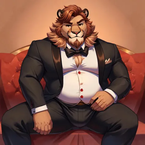 male semianthro mountain lion,strawberry blond mane,reddish blond beard,chubby soft body,daddy,spy tuxedo,medium stature