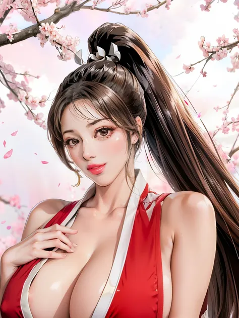 Japanese Beauty，Cherry Blossoms，Petals are just beginning to fall, In a park rich in nature、plant, (((Sexy姿势的杰作))), ((best quality)), ((complicated)), ((Surrealism)), Mature woman, Mature woman, , Very detailed, shape, mai Shiranui, ((Huge breasts)), Perfe...