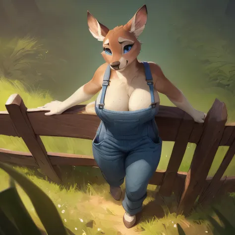 uploaded on e621, by Pixelsketcher, by Bayard Wu, by Thomas Benjamin Kennington , by Einshelm, solo anthro female deer doe with ((nice breasts)) and (fluffy tail) and ((clear navy blue eyes)), (( full body portrait)), BREAK, ((wear dirty work overalls)), s...