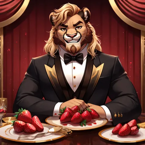 solo male semianthro mountain lion,strawberry blond mane with bleached blond tips,reddish blond beard,chubby soft body,daddy,spy tuxedo,medium stature,fancy dinner background,toothy grin