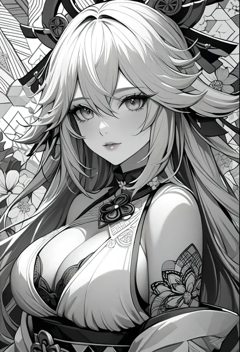 Yae Miko, genshin impact, absurdres, highres, ultra detailed, ultra-detailed background, detailed background, extremly detailed, 1girl,bunch of flowers, (zentangle:1.2), (geometric:1.2), black and white color palette, monochromatic, big breasts, cleavage, ...