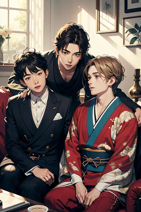 Three men sitting together on a sofa, Two with Japanese features and one with Russian features, beautiful. Detailed face, adorable face, Best Quality.