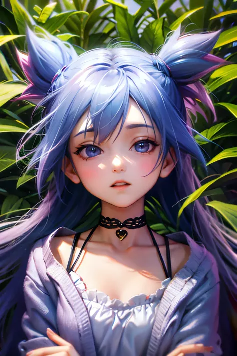 a cute and beautiful anthropomorphic koala girl wearing a heart-shaped choker in a beautiful flower field