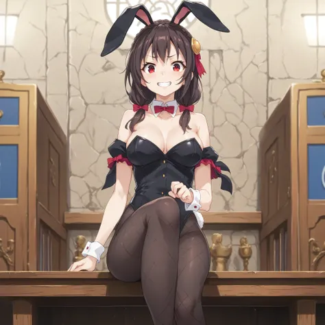 yunyun, black hair, hair ornament, red eyes, bow, braid, crown braid, large breast,BLACK BUNNY SUIT,BUNNY EARS,fishnet, panicking, forced smile, frustrated
