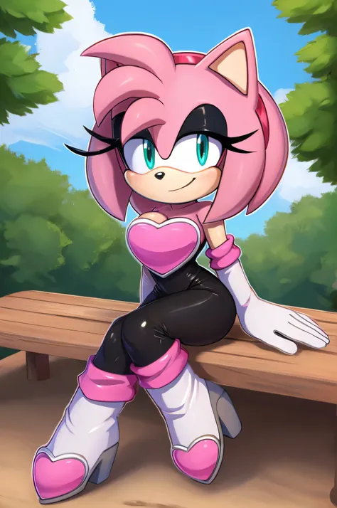 score_9, score_8_up, 2D, flat color, looking at viewer, (1girl), (solo), very detailed, extremely detailed, Amy Rose from the sonic the hedgehog series, portrait, smile, looking at viewers, hair down, hair bangs, large bust, milf, Rouge cosplay, cosplay, R...