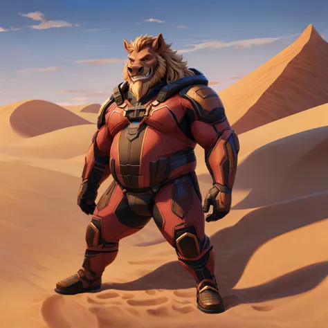 solo male semianthro tusked boar,red-blond shaggy mane with bleached blond tips,reddish blond beard,chubby soft body,daddy,stillsuit,Dune,Fremen sietch background,toothy grin,full body