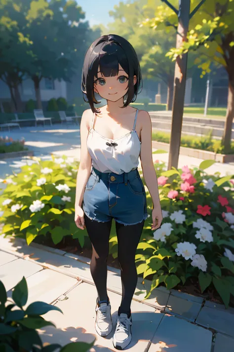 (high quality, High resolution, Very detailed, reality:1.37), Peaceful atmosphere, (Outdoor, garden), Teenage girl standing alone, (my breasts are big.), Beautiful details, Cute Smile, (Black bob hair), camisole, Denim skirt, Black tights, sneakers.