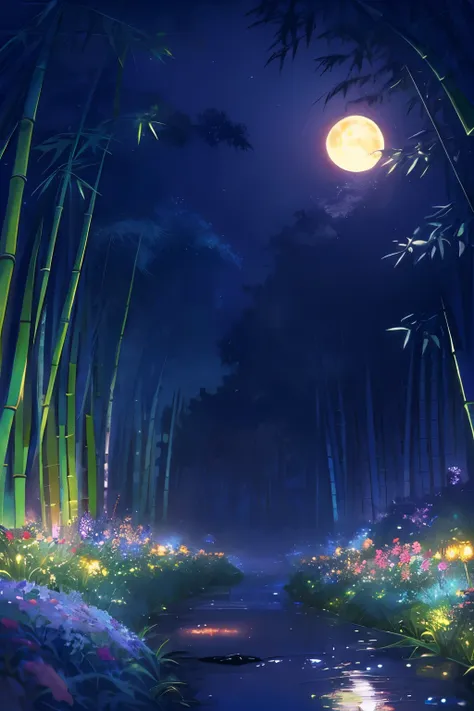 best quality, masterpiece, (garden at night)、(firefly light:1.3)、(moon)、(bamboo forest)