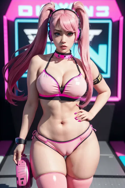 a woman in a bikini and headphones standing on a track, pink twintail hair and cyan eyes, electronic bikini, rendered in sfm, As a Tekken character, realistic bikini, ariana grande in gta v, slick pink armor, Thick, cyberpunk scene, cyberpunk oppai, stream...