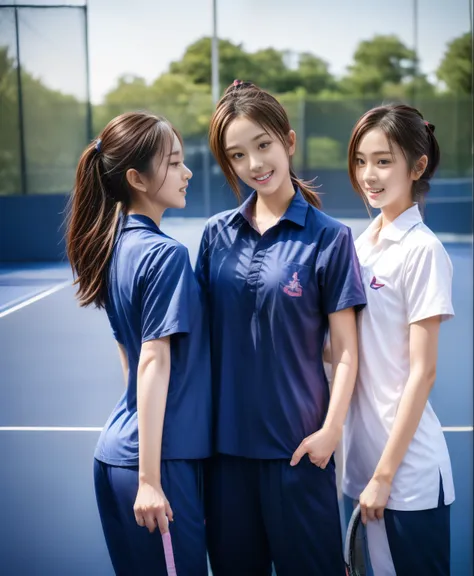 3 girls play tennis at tennis courts, navy blue short-sleeved shirt,navy long trackpant,sweatpants, sweatpantsขายาว,25 year old ...