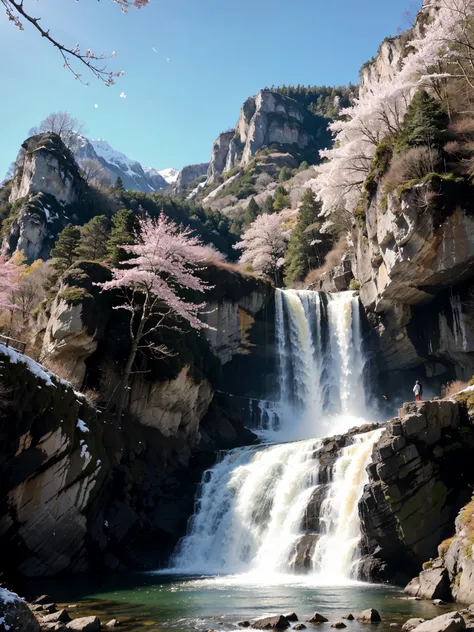 A detailed, lush landscape scene of a tree growing on a steep, rocky cliff, with a cascading waterfall, the sun shining brightly, cherry blossoms floating in the air, a fresh and serene atmosphere, with snow-capped mountains in the background, captured in ...