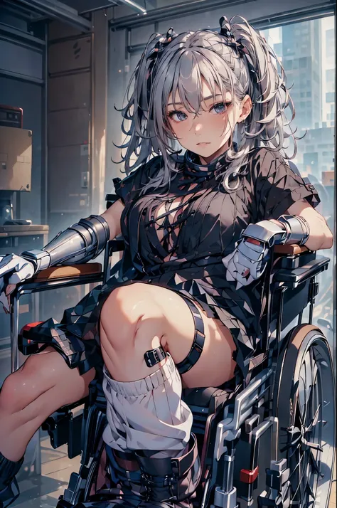 a 24 year old disabled woman in a reclining electric wheelchair, lying down, glaring, hair covering her eyes, heavy makeup, twin tails, silver hair, white blouse, ribbon, black pleated skirt, earrings, loose socks, lace up boots, plastic arm brace, plastic...