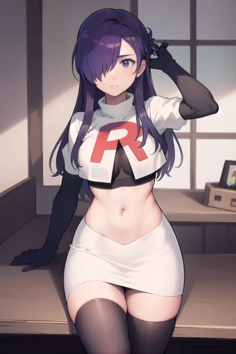 masterpiece, best quality, shez, hair over one eye, looking at viewer, team rocket,team rocket uniform,white skirt,red letter R,crop top,black thigh-highs,black elbow gloves