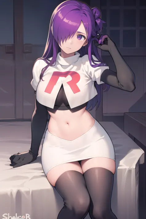 masterpiece, best quality, shez, hair over one eye, looking at viewer, team rocket,team rocket uniform,white skirt,red letter R,crop top,black thigh-highs,black elbow gloves