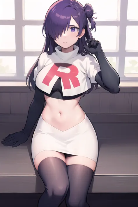masterpiece, best quality, shez, hair over one eye, looking at viewer, team rocket,team rocket uniform,white skirt,red letter R,crop top,black thigh-highs,black elbow gloves
