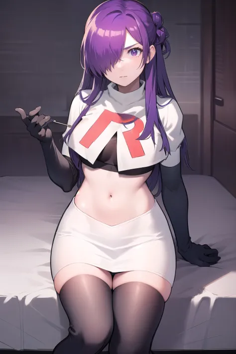 masterpiece, best quality, shez, hair over one eye, looking at viewer, team rocket,team rocket uniform,white skirt,red letter R,crop top,black thigh-highs,black elbow gloves